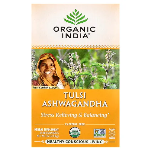 Organic India, Té de tulsí y ashwagandha, Sin cafeína, 18 bolsitas para infusión, 36 g (1,27 oz)