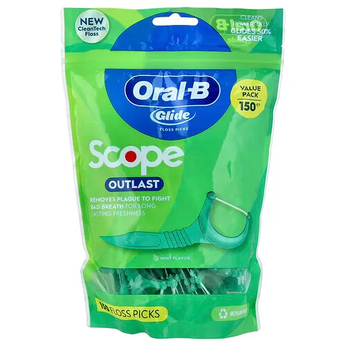 Oral-B, Glide, Palillos con hilo dental Scope Outlast, Menta, 150 palillos con hilo dental
