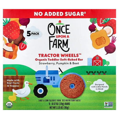 Once Upon A Farm, Tractor Wheels™, Barrita orgánica horneada suave para niños pequeños, Fresa, calabaza y remolacha, 5 barritas, 19 g (0,67 oz) cada una