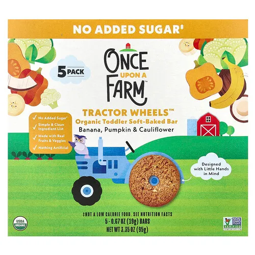 Once Upon A Farm, Tractor Wheels™, Barrita blanda orgánica horneada para niños pequeños, Plátano, calabaza y coliflor, 5 paquetes, 19 g (0,67 oz) cada uno