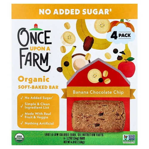 Once Upon A Farm, Barrita blanda orgánica horneada, Plátano y chips de chocolate, 4 barritas, 34 g (1,2 oz) cada una