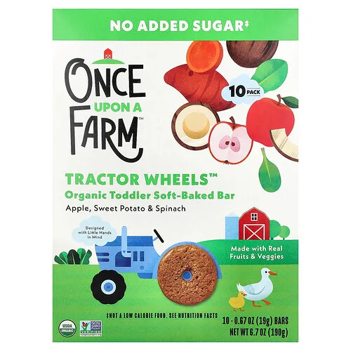 Once Upon A Farm, Tractor Wheels™, Barrita blanda orgánica horneada para niños pequeños, Manzana, batata y espinaca, 10 barritas, 19 g (0,67 oz) cada una