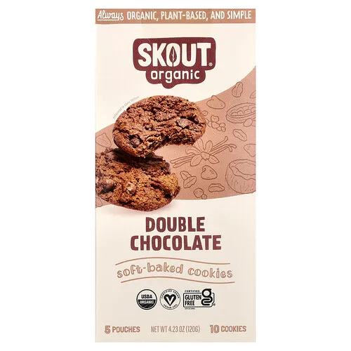 Skout Organic, Galletas blandas horneadas, Chocolate doble, 5 bolsas, 2 galletas (24 g) cada una