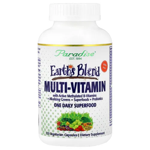 Paradise Herbs, Earth's Blend, Un superalimento multivitamínico diario con hierro, 120 cápsulas vegetales