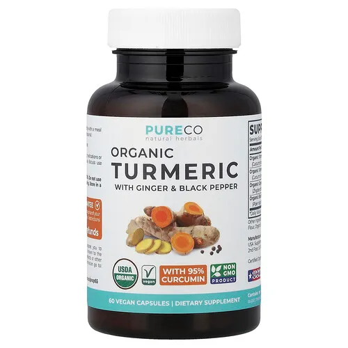 Pure Co., Cúrcuma orgánica con jengibre y pimienta negra, 60 cápsulas veganas