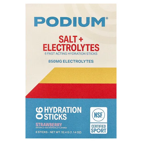 Podium Nutrition, Sal y electrolitos, Barritas hidratantes, Fresa, 6 barritas, 5,4 g (0,19 oz) cada una