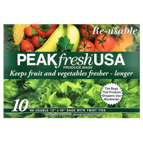 PEAKfresh USA, Bolsas para frutas y vegetales con precintos, Reutilizables, 10 bolsas