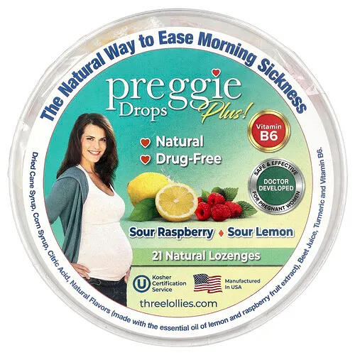 Preggie, Pop Drops Plus, Frambuesa ácida, Limón ácido, Frambuesa ácida, 21 pastillas naturales