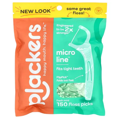 Plackers, Micro Line, Palillos con hilo dental, Menta fresca, 150 unidades