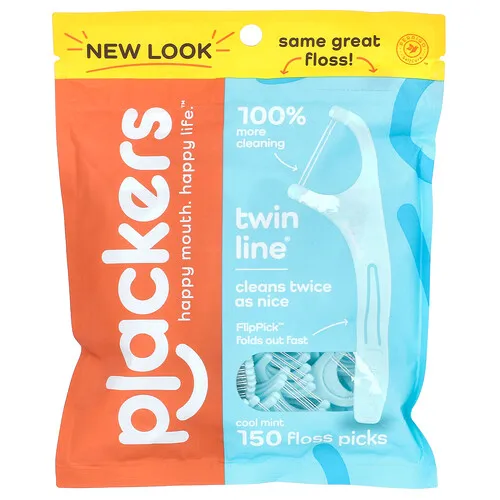 Plackers, Twin-Line, Palillos con hilo dental, Menta fresca, 150 unidades