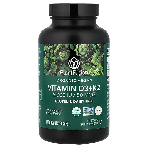 PlantFusion, Vitaminas D3 y K2 orgánicas y veganas, 120 cápsulas vegetales orgánicas