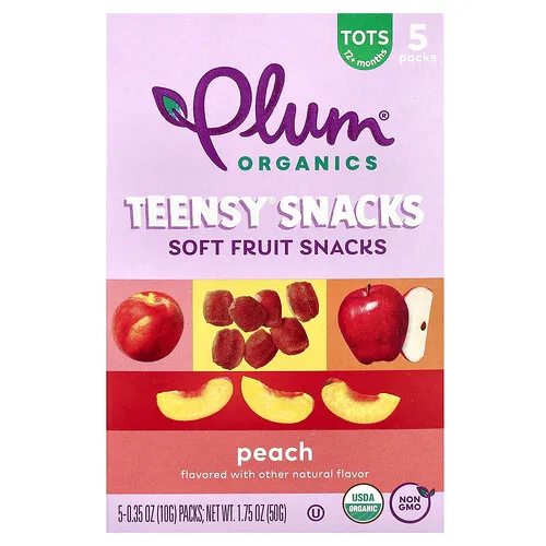 Plum Organics, Teensy, Bocadillos blandos de frutas, para niños, Sabor melocotón, 5 paquetes, 10 g (0,35 oz) cada uno