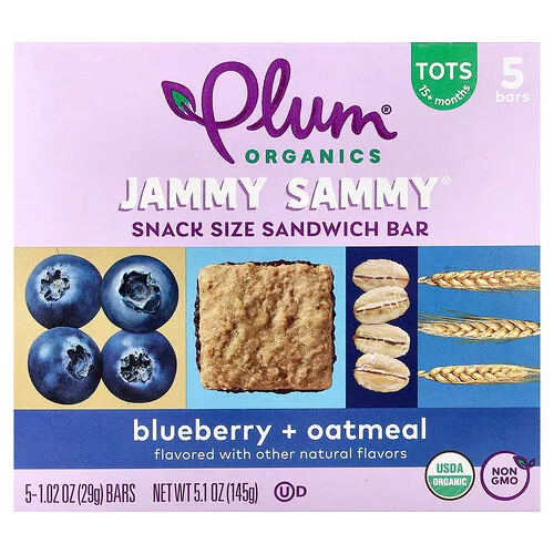 Plum Organics, Jammy Sammy®, Barrita sándwich tamaño bocadillo, 15 meses en adelante, Arándano azul y avena, 5 barritas, 29 g (1,02 oz) cada una