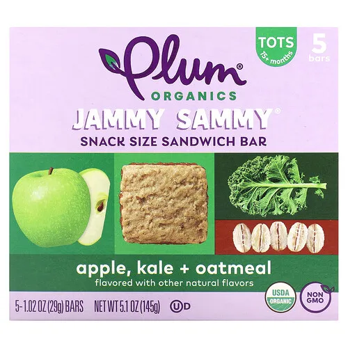 Plum Organics, Jammy Sammy, Barrita tipo bocadillo, A partir de 15 meses, Manzana, col rizada y avena`` 5 barritas, 29 g (1,02 oz) cada una