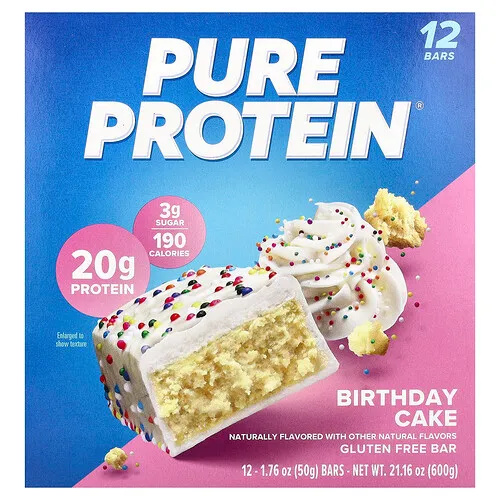Pure Protein, Barritas sin gluten, Pastel de cumpleaños`` 12 barritas, 50 g (1,76 oz)