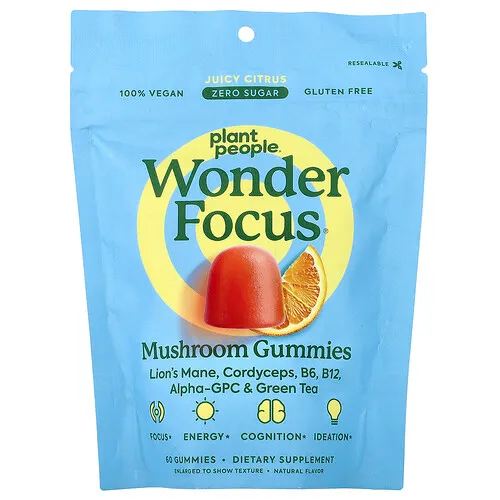 Plant People, WonderFocus®, Gomitas de hongos, Fruta cítrica jugosa, 60 gomitas