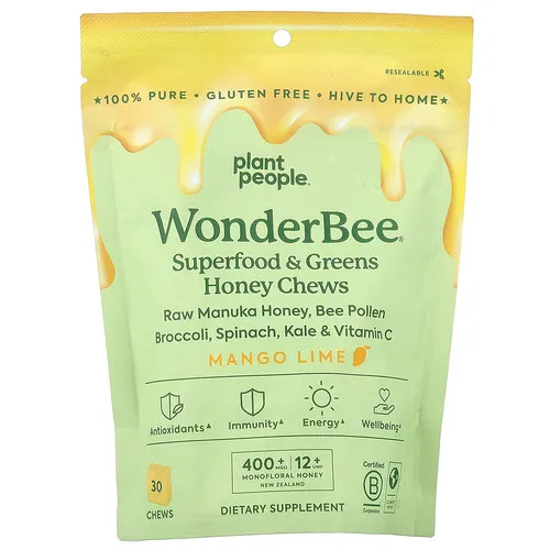 Plant People, WonderBee®, Superalimentos masticables con verduras de hoja y miel, Mango y lima, 30 comprimidos masticables