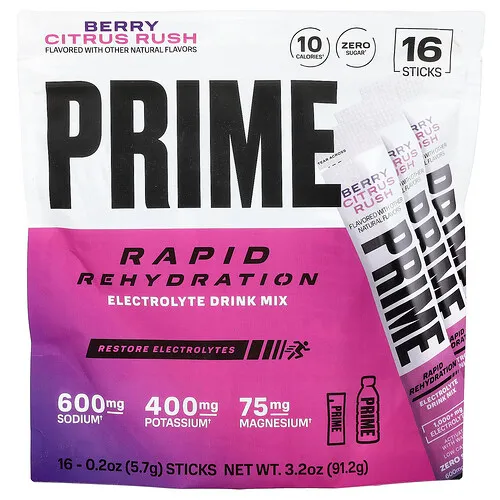Prime Hydration, Rehidratación rápida, Mezcla para preparar bebidas con electrolitos, Ráfaga de bayas y cítricos, 16 sobrecitos, 5,7 g (0,2 oz) cada uno
