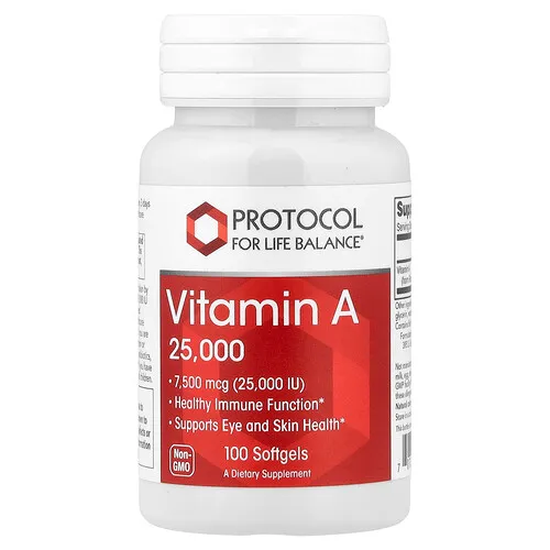 Protocol for Life Balance, Vitamina A, 7500 mcg (25000 UI), 100 cápsulas blandas