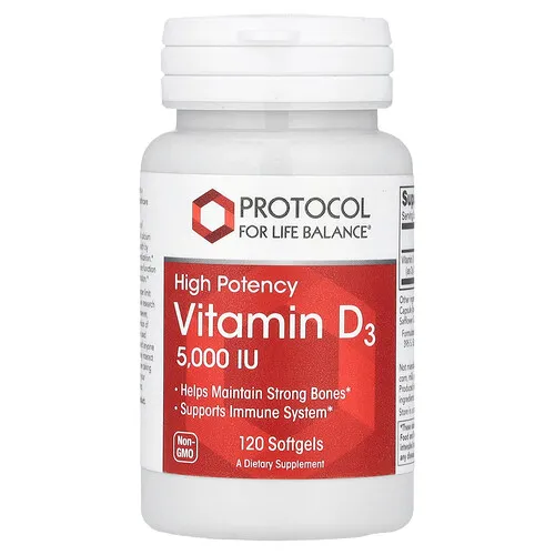 Protocol for Life Balance, Vitamina D3, Alta potencia, 125 mcg (5000 UI), 120 cápsulas blandas