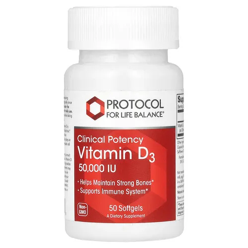 Protocol for Life Balance, Vitamina D3, Potencia clínica, 1250 mcg (50.000 UI), 50 cápsulas blandas