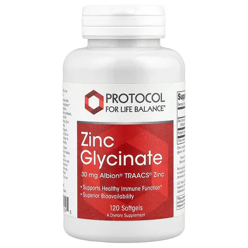 Protocol for Life Balance, Glicinato de zinc, 30 mg, 120 cápsulas blandas