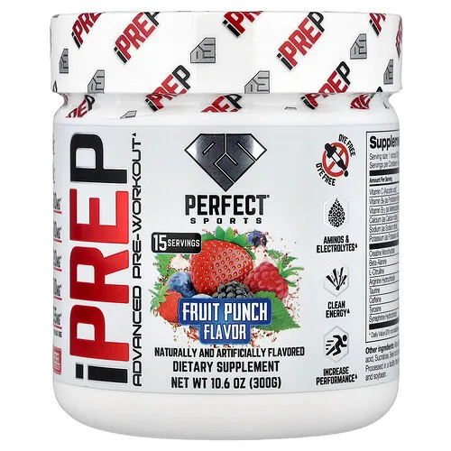 PERFECT Sports, iPrep, Suplemento preentrenamiento avanzado, Ponche de frutas, 300 g (10,6 oz)
