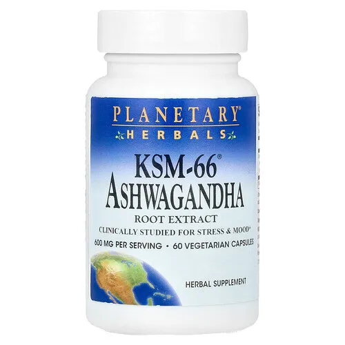 Planetary Herbals, Extracto de raíz de ashwagandha KSM-66®, 60 cápsulas vegetales (300 mg por cápsula)