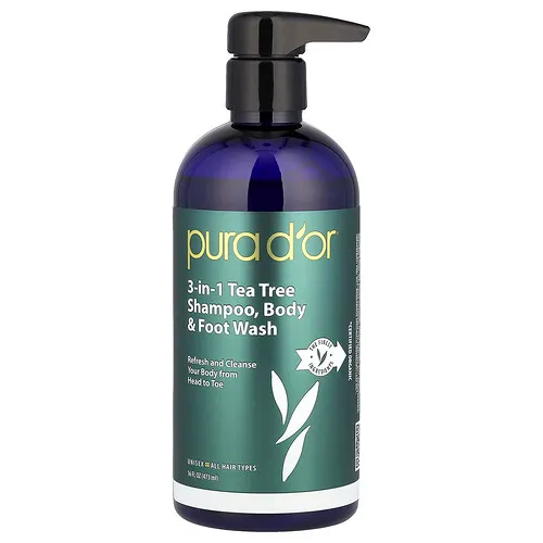 Pura D'or, Champú 3 en 1 con árbol del té, Jabón líquido para el cuerpo y los pies, Todo tipo de cabello, 473 ml (16 oz. líq.)
