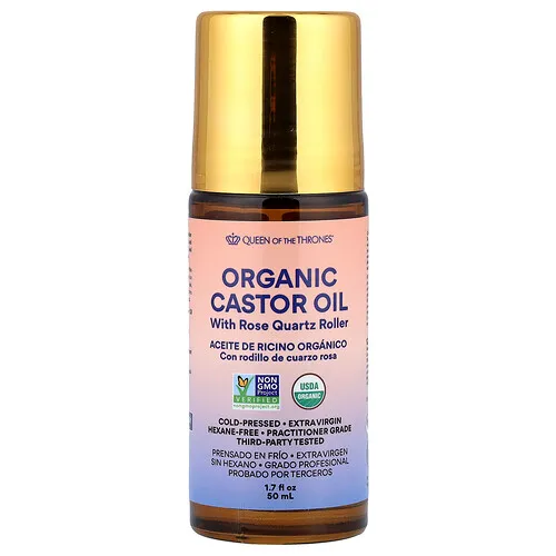 Queen of the Thrones, Aceite de ricino orgánico con efecto rodillo de cuarzo rosa, 50 ml (1,7 oz. líq.)