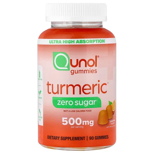 Qunol, Gomitas de cúrcuma, Mandarina, Sin azúcar, 90 gomitas (250 mg por gomita)