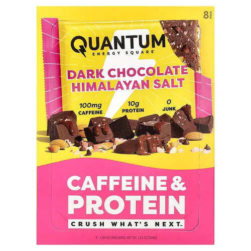Quantum Energy Square, Barrita con cafeína y proteína, Chocolate negro y sal del Himalaya, 8 barritas, 48 g (1,69 oz) cada una