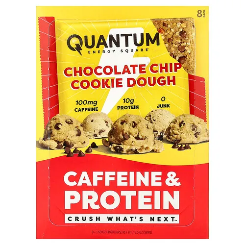 Quantum Energy Square, Barrita con cafeína y proteína, Masa de galleta con chips de chocolate, 8 barritas, 48 g (1,69 oz) cada una