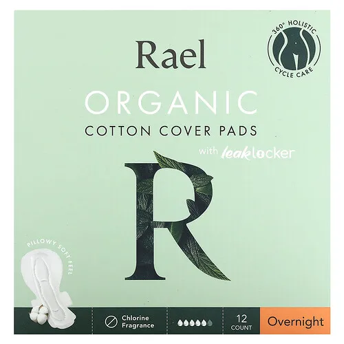 Rael, Almohadillas protectoras de algodón orgánico con sellador de filtraciones, Para la noche, 12 unidades