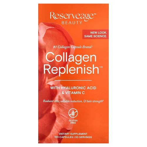 Reserveage Beauty, Collagen Replenish, Suplemento con péptidos de colágeno, ácido hialurónico y vitamina C, 120 cápsulas