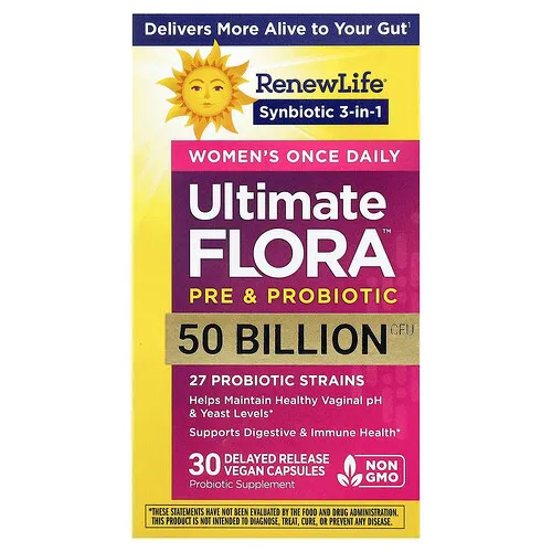 Renew Life, Suplemento prebiótico y probiótico Ultimate Flora™ de una ingesta diaria para mujeres, 30 cápsulas veganas de liberación retardada