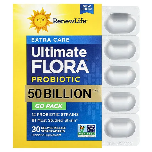 Renew Life, Envase para llevar de Cuidado extra, Suplemento probiótico Ultimate Flora™, 50.000 millones de UFC, 30 cápsulas veganas de liberación retardada