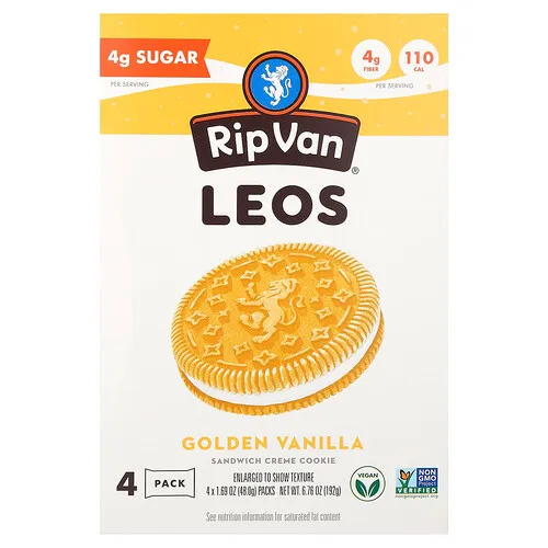 Rip Van Wafels, Leos, Galleta cremosa para sándwich, Vainilla dorada, 4 paquetes, 48 g (1,69 oz) cada uno