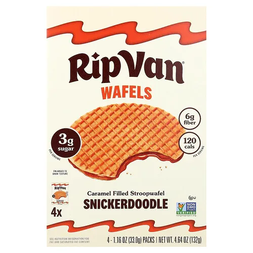 Rip Van Wafels, Stroopwafel relleno de caramelo, Snickerdoodle, 4 paquetes, 33 g (1,16 oz) cada uno