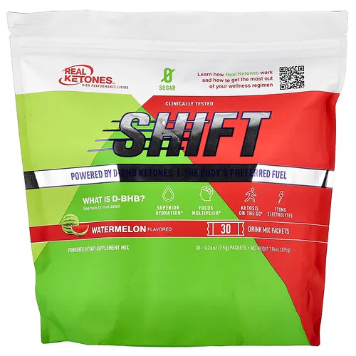 Real Ketones, Shift, Sandía, 30 sobrecitos de mezcla para preparar bebidas, 7,5 g (0,26 oz) cada uno