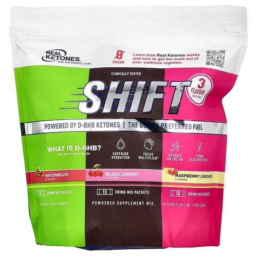 Real Ketones, Shift, Paquete surtido, Sandía, cereza negra y limonada de frambuesa, 30 sobres