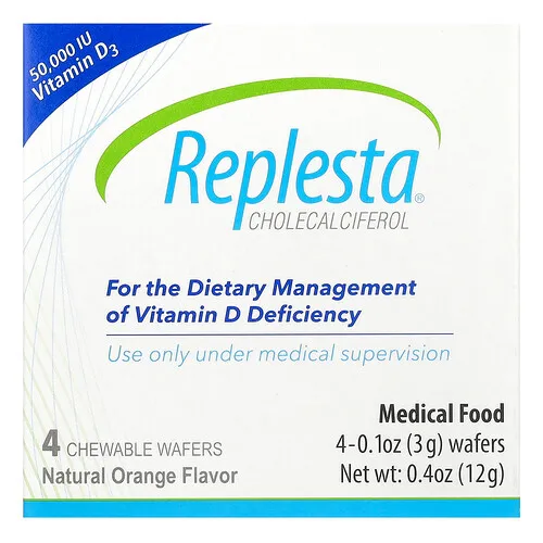 Replesta, Vitamina D3, Colecalciferol, Naranja natural, 50.000 UI, 4 obleas masticables