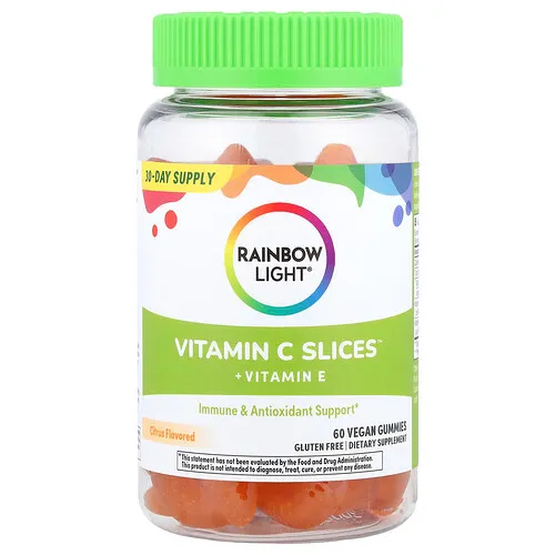 Rainbow Light, Vitamin C Slices™ más vitamina E, Cítricos, 60 gomitas veganas