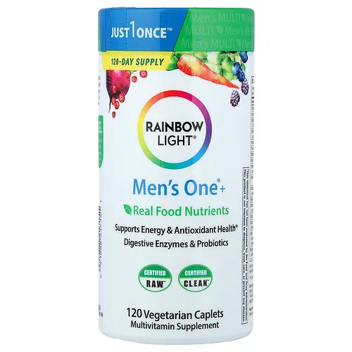 Rainbow Light, Men's One®+, Suplemento con nutrientes de alimentos reales para hombres, 120 comprimidos oblongos vegetales