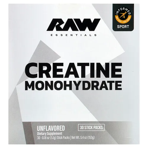 Raw Nutrition, Essentials, Monohidrato de creatina, Sin sabor, 30 sobres, 5,1 g (0,18 oz) cada uno
