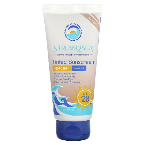 Stream2Sea, Protector solar con color, Deportivo, FPS 20, Neutro, Sin fragancia, 90 ml (3 oz. Líq.)