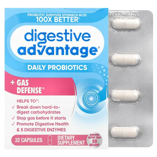 Schiff, Digestive Advantage®, Suplemento probiótico diario con protección contra los gases, 32 cápsulas