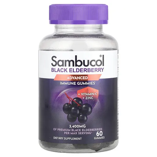 Sambucol, Suplemento inmunitario de bayas de saúco negro, Gomitas con vitamina C y zinc, Bayas naturales, 60 gomitas