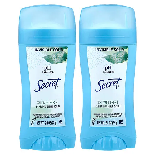 Secret, Desodorante antitranspirante y sólido invisible con pH equilibrado, Frescura para la ducha, 2 paquetes, 73 g (2,6 oz) cada uno