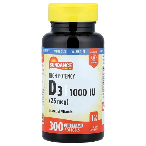 Sundance Vitamins, Vitamina D3 de alta potencia, 25 mcg (1000 UI), 300 cápsulas blandas de liberación rápida